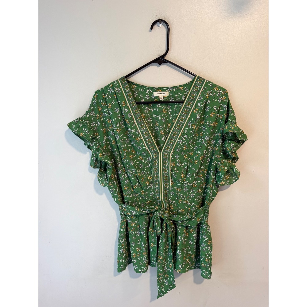 Max Studio Green Floral V-Neck Peplum Top Ruffle Sleeve Tie Waist 9701D38 Large